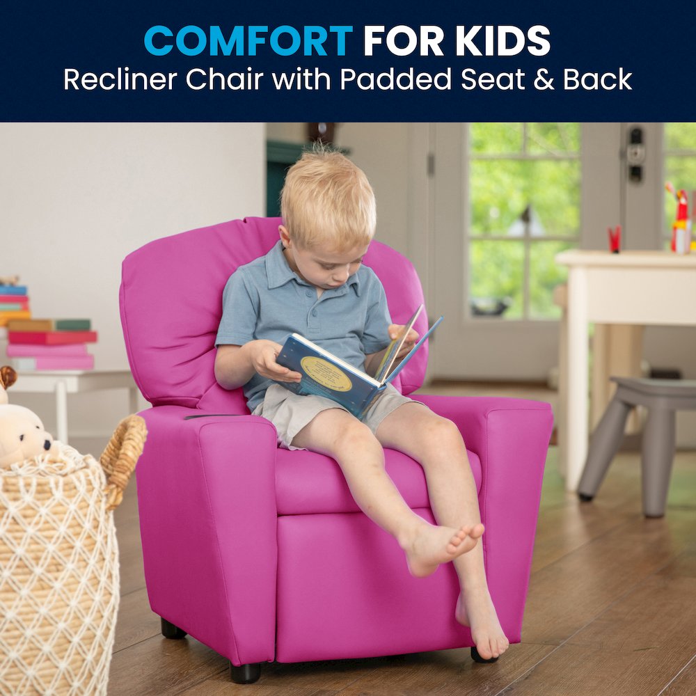 Contemporary Hot Pink Vinyl Kids Recliner with Cup Holder