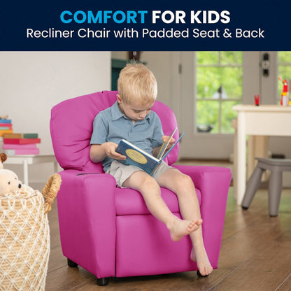 Contemporary Hot Pink Vinyl Kids Recliner with Cup Holder
