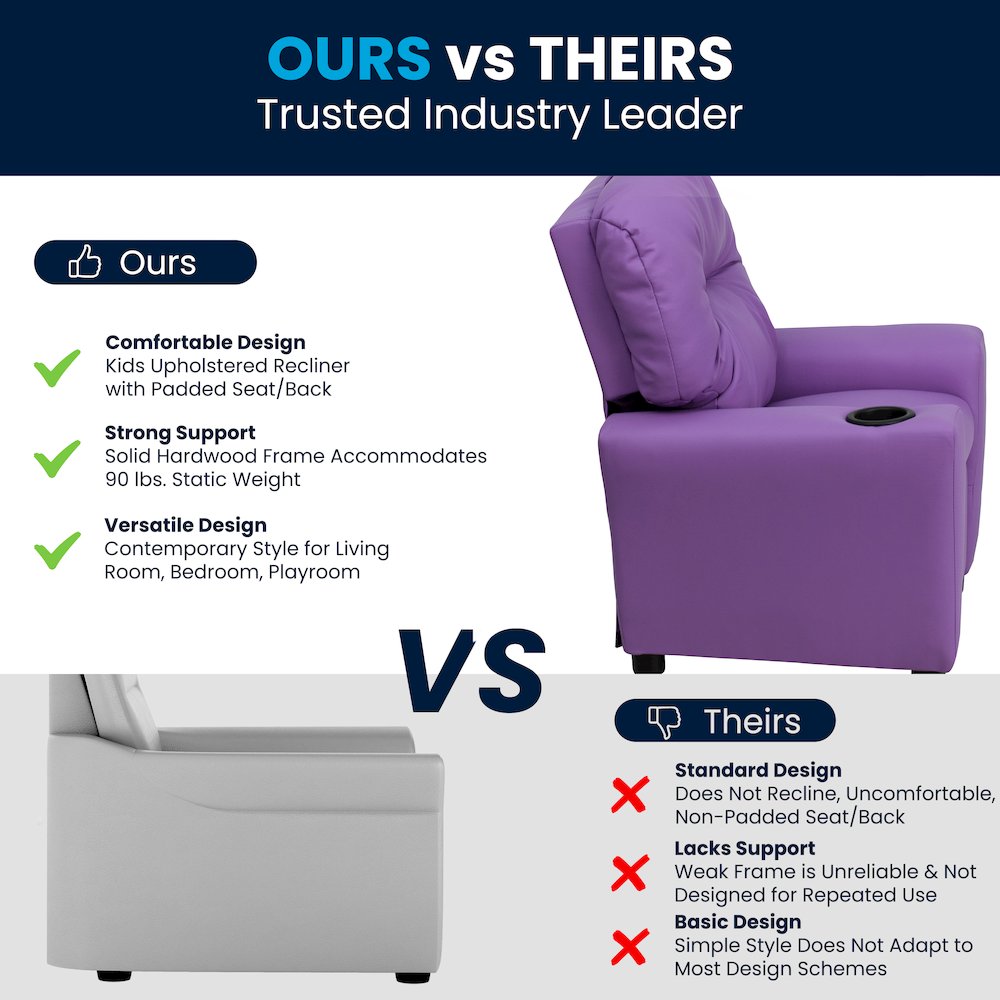 Contemporary Lavender Vinyl Kids Recliner with Cup Holder