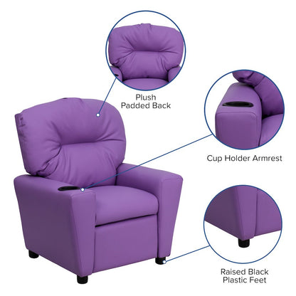 Contemporary Lavender Vinyl Kids Recliner with Cup Holder