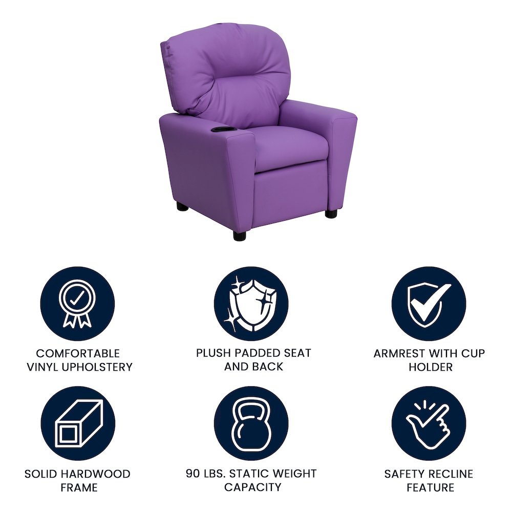 Contemporary Lavender Vinyl Kids Recliner with Cup Holder