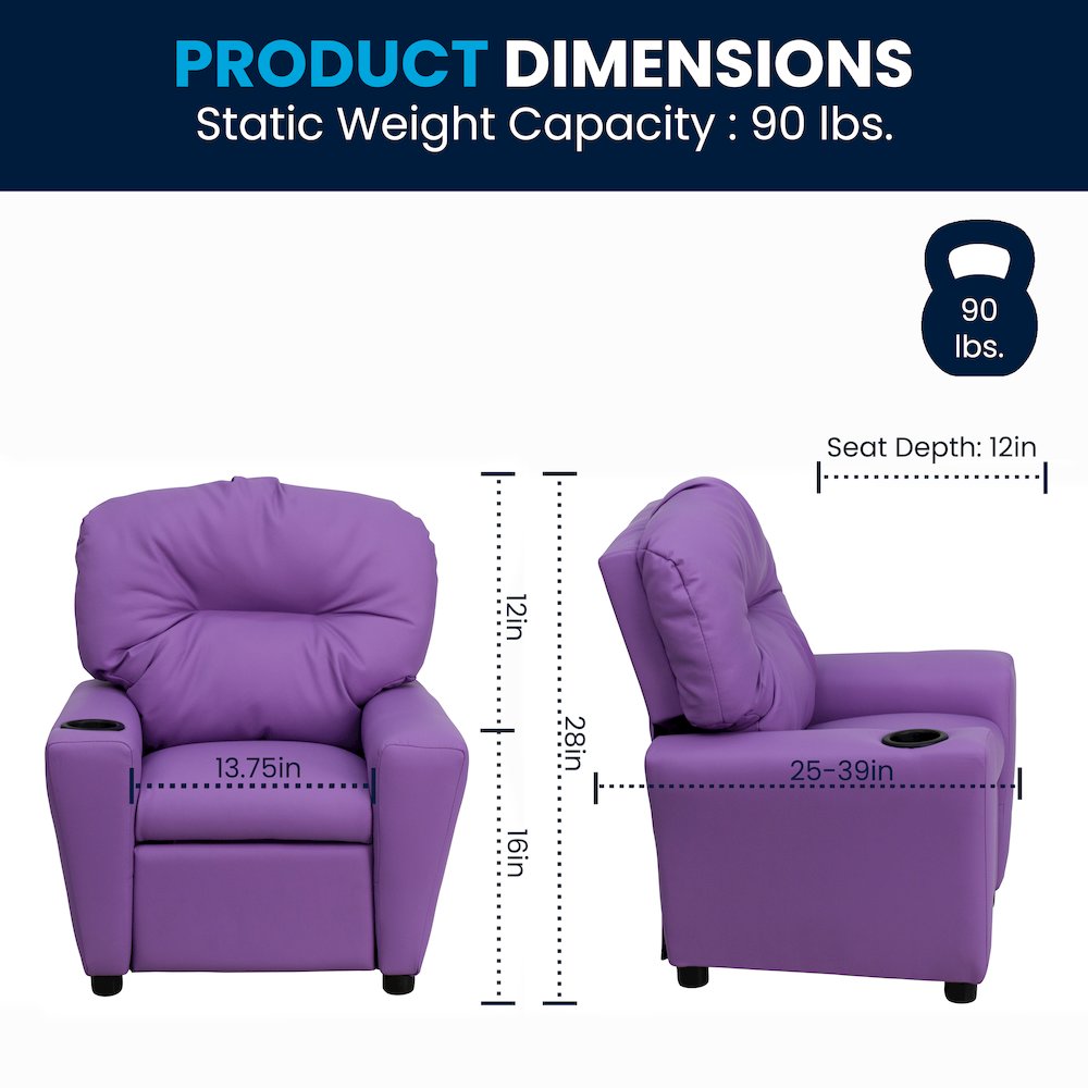Contemporary Lavender Vinyl Kids Recliner with Cup Holder