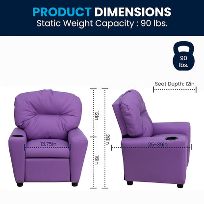 Contemporary Lavender Vinyl Kids Recliner with Cup Holder