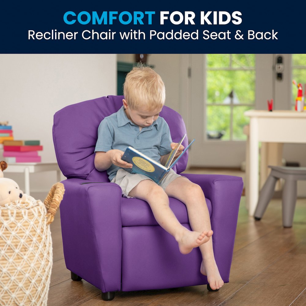 Contemporary Lavender Vinyl Kids Recliner with Cup Holder