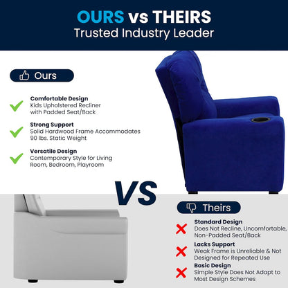 Contemporary Blue Microfiber Kids Recliner with Cup Holder