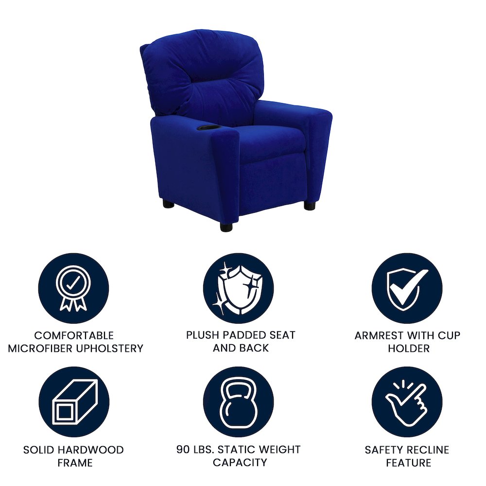 Contemporary Blue Microfiber Kids Recliner with Cup Holder