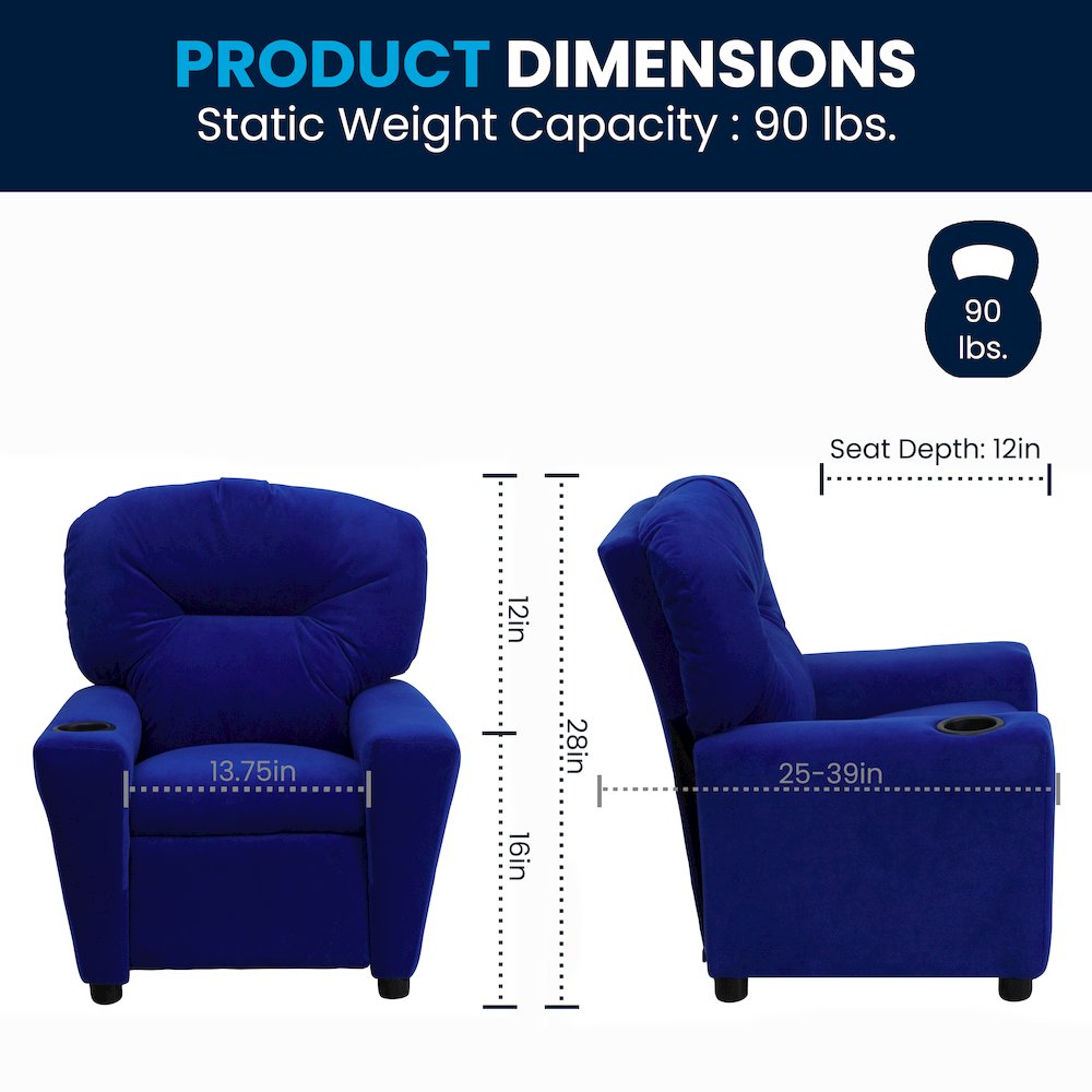 Contemporary Blue Microfiber Kids Recliner with Cup Holder