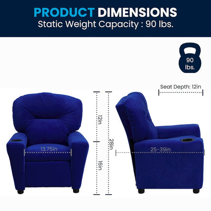 Contemporary Blue Microfiber Kids Recliner with Cup Holder
