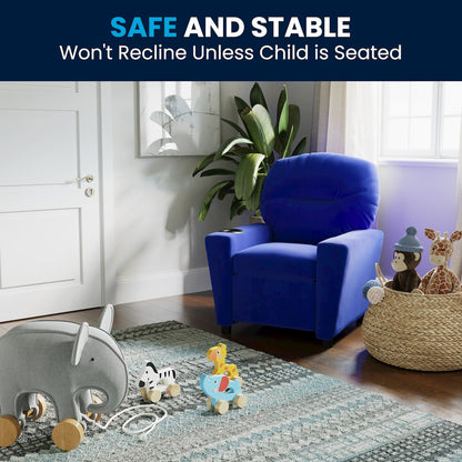 Contemporary Blue Microfiber Kids Recliner with Cup Holder