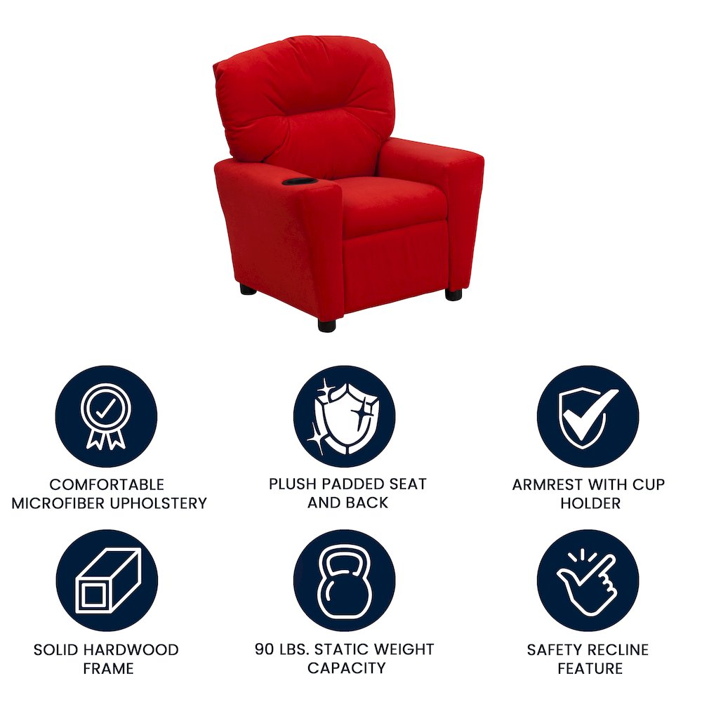 Contemporary Red Microfiber Kids Recliner with Cup Holder