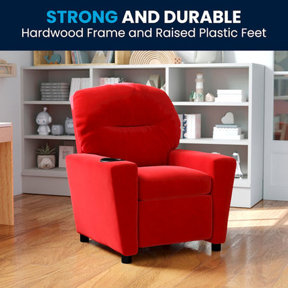 Contemporary Red Microfiber Kids Recliner with Cup Holder