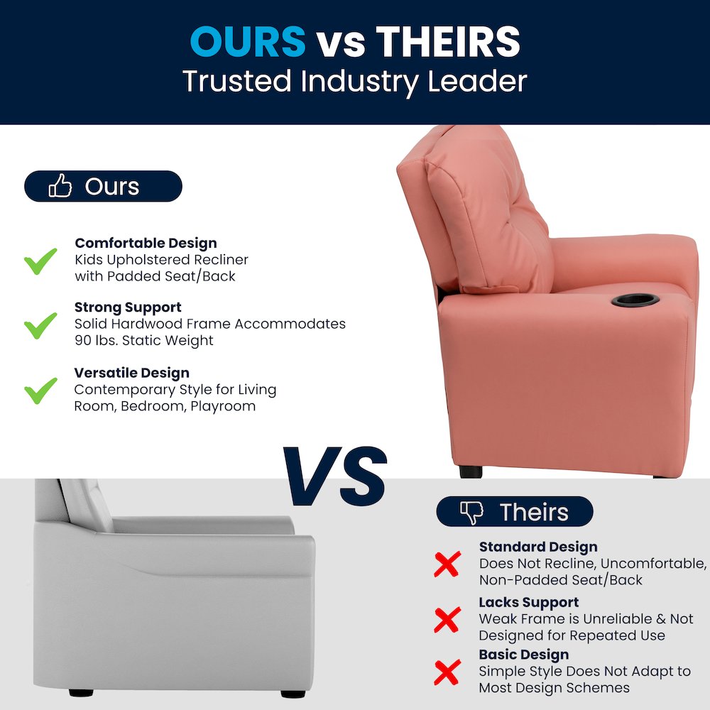 Contemporary Pink Vinyl Kids Recliner with Cup Holder