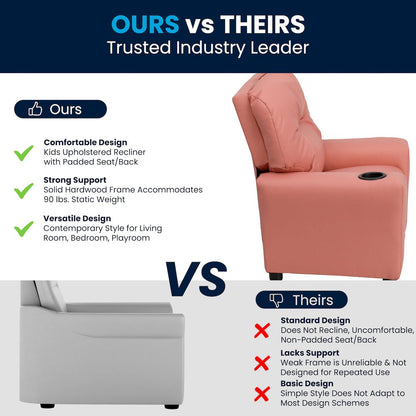 Contemporary Pink Vinyl Kids Recliner with Cup Holder