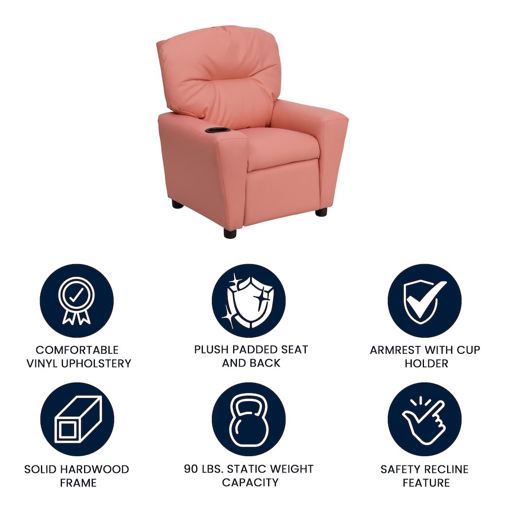 Contemporary Pink Vinyl Kids Recliner with Cup Holder