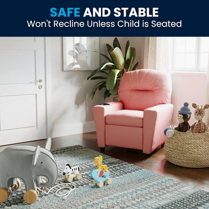 Contemporary Pink Vinyl Kids Recliner with Cup Holder