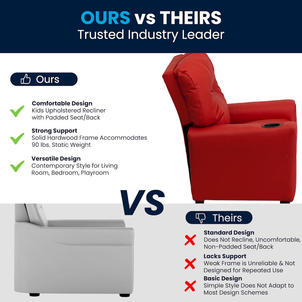 Contemporary Red Vinyl Kids Recliner with Cup Holder
