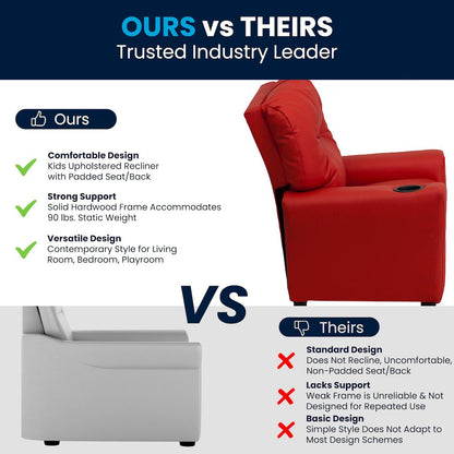 Contemporary Red Vinyl Kids Recliner with Cup Holder