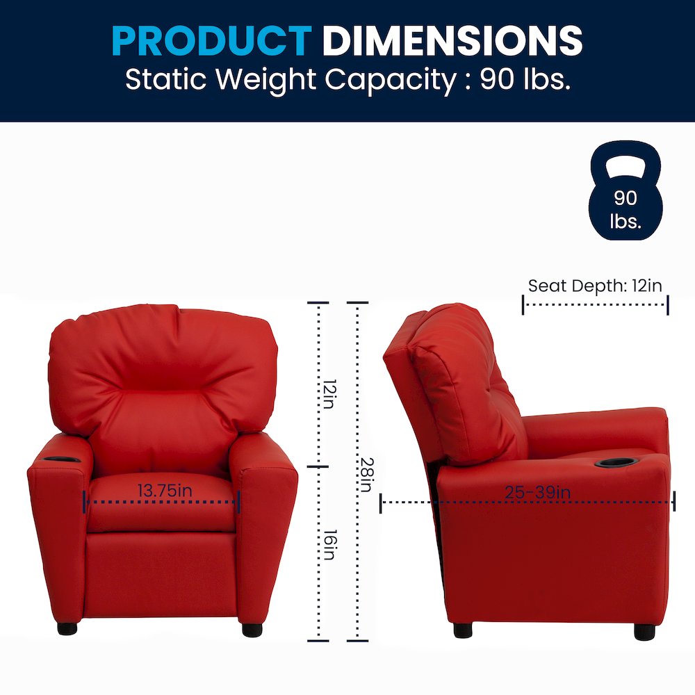 Contemporary Red Vinyl Kids Recliner with Cup Holder