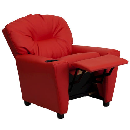 Contemporary Red Vinyl Kids Recliner with Cup Holder