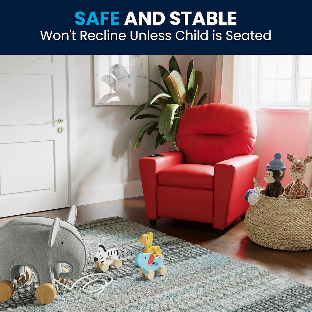 Contemporary Red Vinyl Kids Recliner with Cup Holder