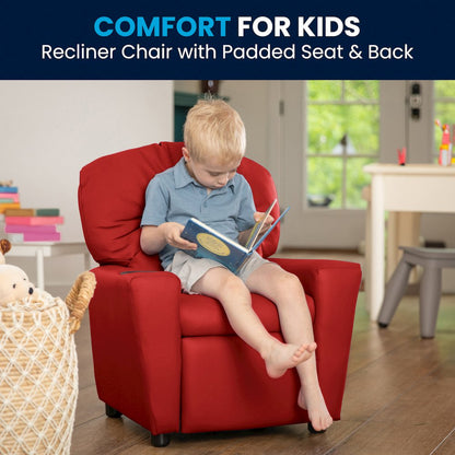 Contemporary Red Vinyl Kids Recliner with Cup Holder