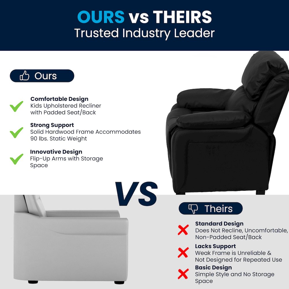 Deluxe Padded Contemporary Black LeatherSoft Kids Recliner with Storage Arms