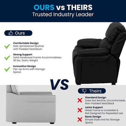 Deluxe Padded Contemporary Black LeatherSoft Kids Recliner with Storage Arms