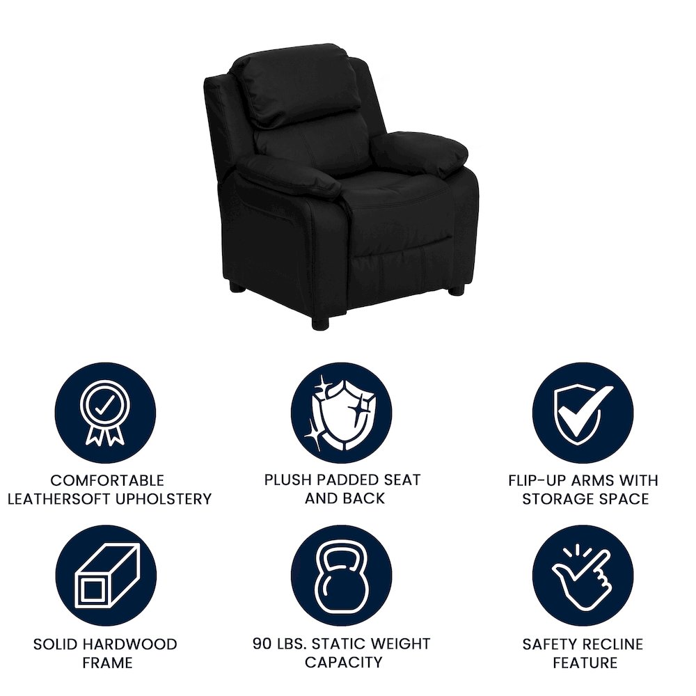 Deluxe Padded Contemporary Black LeatherSoft Kids Recliner with Storage Arms