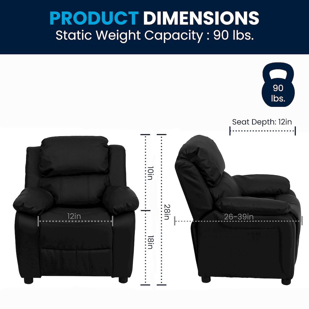 Deluxe Padded Contemporary Black LeatherSoft Kids Recliner with Storage Arms