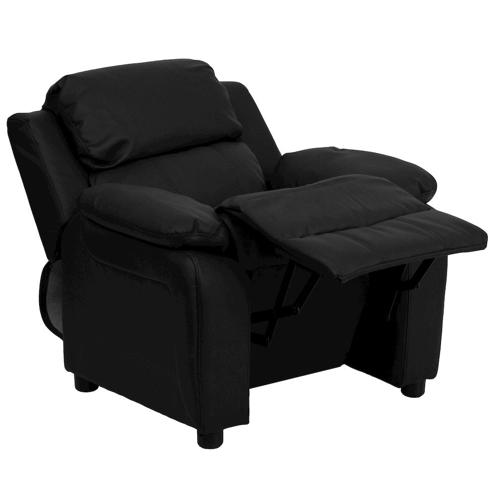 Deluxe Padded Contemporary Black LeatherSoft Kids Recliner with Storage Arms