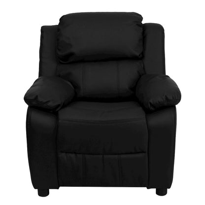 Deluxe Padded Contemporary Black LeatherSoft Kids Recliner with Storage Arms