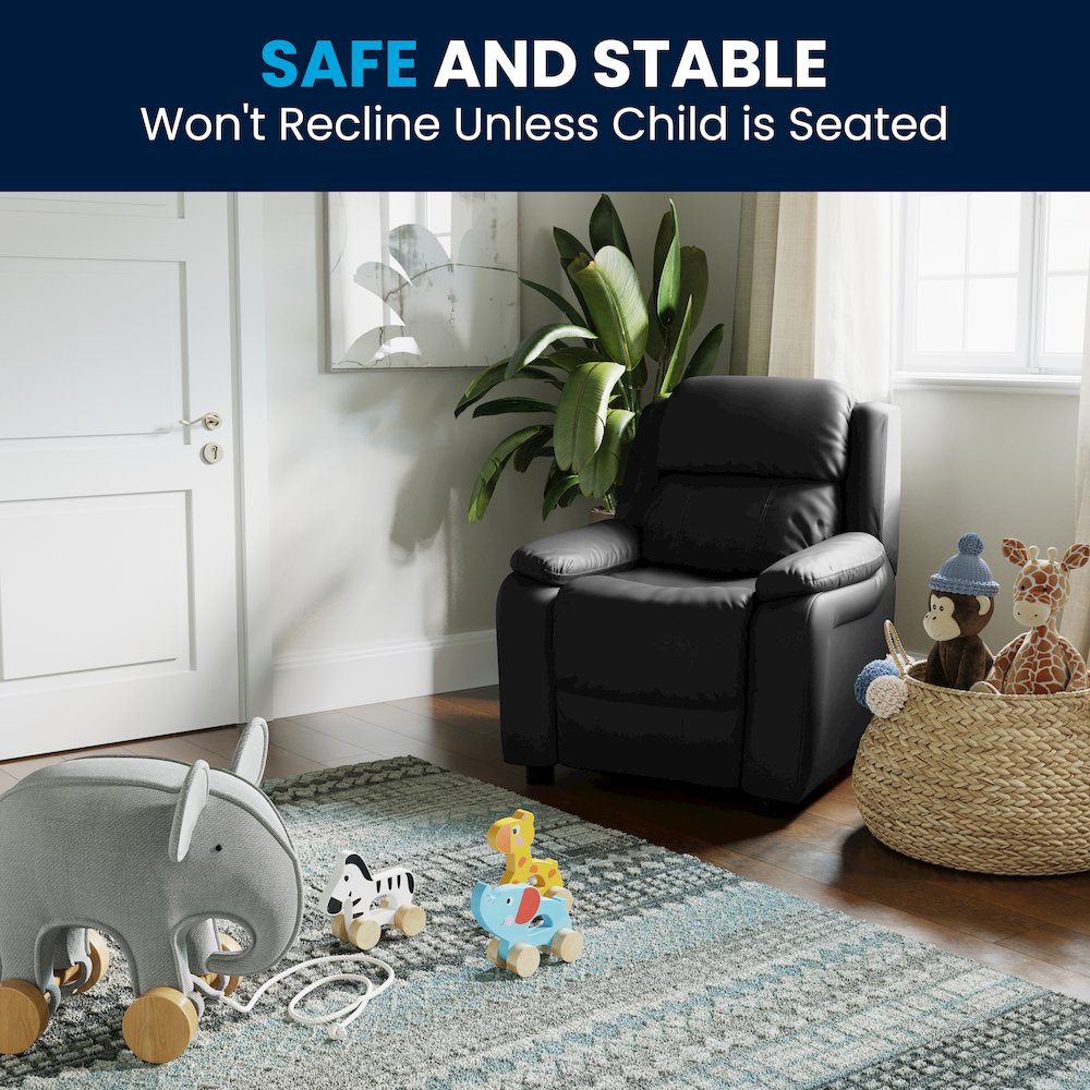 Deluxe Padded Contemporary Black LeatherSoft Kids Recliner with Storage Arms