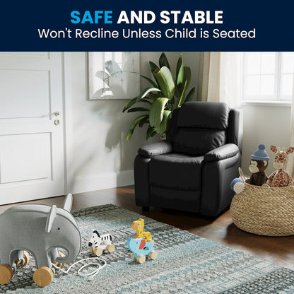 Deluxe Padded Contemporary Black LeatherSoft Kids Recliner with Storage Arms