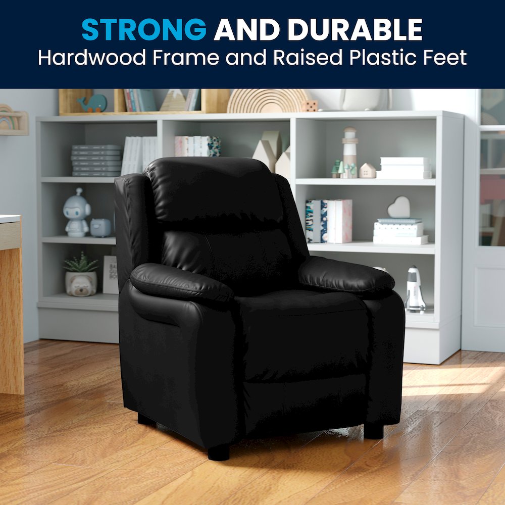 Deluxe Padded Contemporary Black LeatherSoft Kids Recliner with Storage Arms