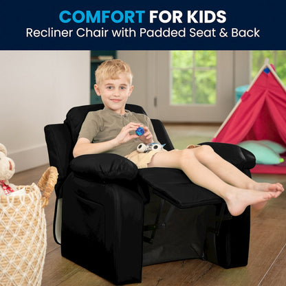 Deluxe Padded Contemporary Black LeatherSoft Kids Recliner with Storage Arms