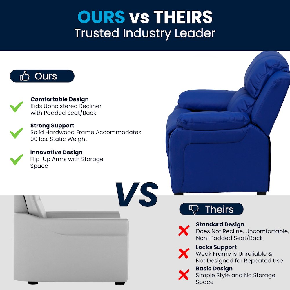 Deluxe Padded Contemporary Blue Vinyl Kids Recliner with Storage Arms