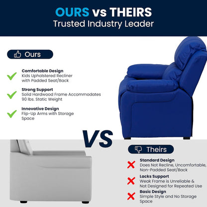 Deluxe Padded Contemporary Blue Vinyl Kids Recliner with Storage Arms