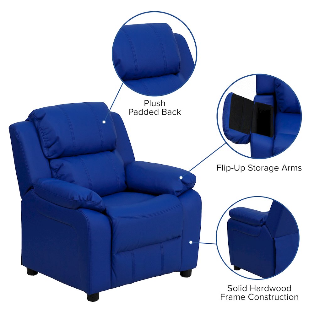Deluxe Padded Contemporary Blue Vinyl Kids Recliner with Storage Arms