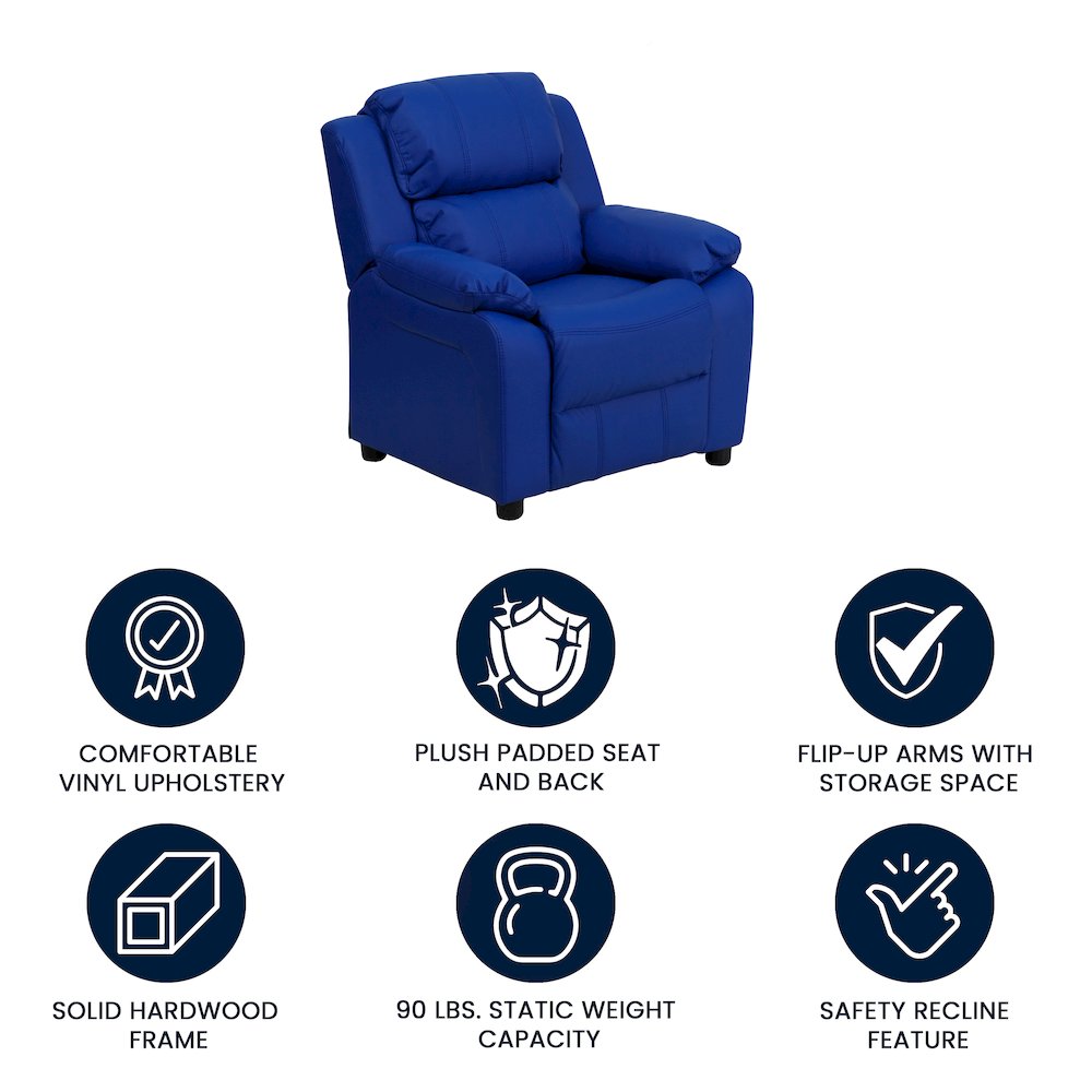 Deluxe Padded Contemporary Blue Vinyl Kids Recliner with Storage Arms