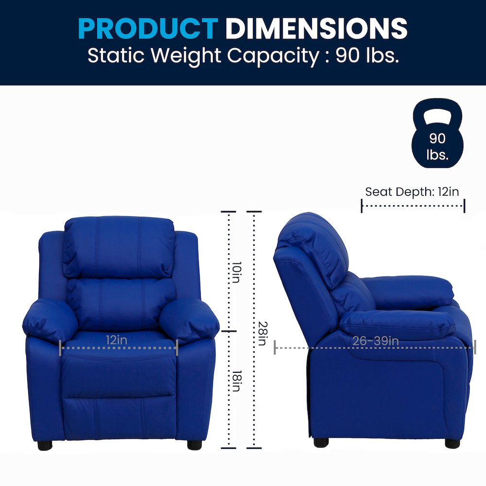 Deluxe Padded Contemporary Blue Vinyl Kids Recliner with Storage Arms