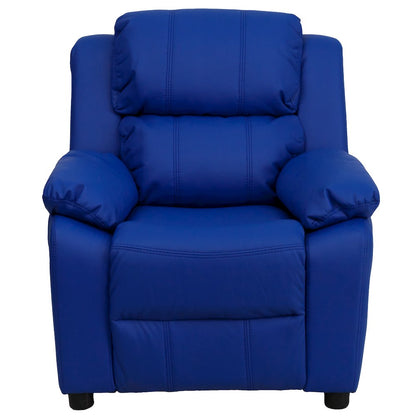 Deluxe Padded Contemporary Blue Vinyl Kids Recliner with Storage Arms
