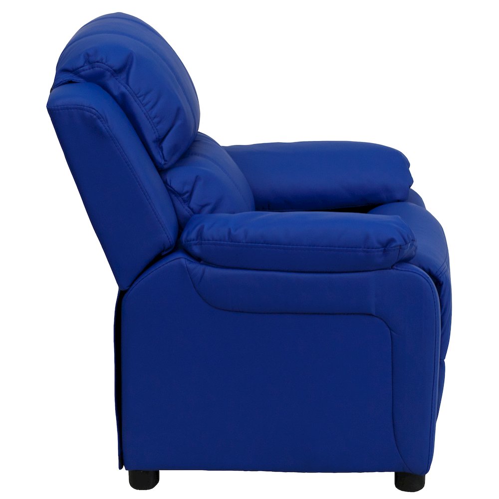 Deluxe Padded Contemporary Blue Vinyl Kids Recliner with Storage Arms