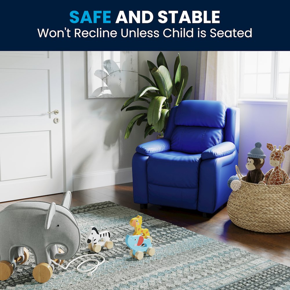 Deluxe Padded Contemporary Blue Vinyl Kids Recliner with Storage Arms