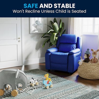 Deluxe Padded Contemporary Blue Vinyl Kids Recliner with Storage Arms