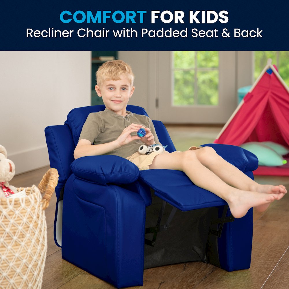 Deluxe Padded Contemporary Blue Vinyl Kids Recliner with Storage Arms