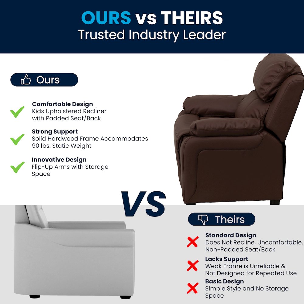 Deluxe Padded Contemporary Brown LeatherSoft Kids Recliner with Storage Arms