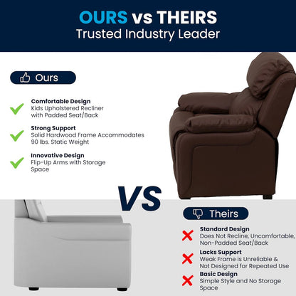 Deluxe Padded Contemporary Brown LeatherSoft Kids Recliner with Storage Arms