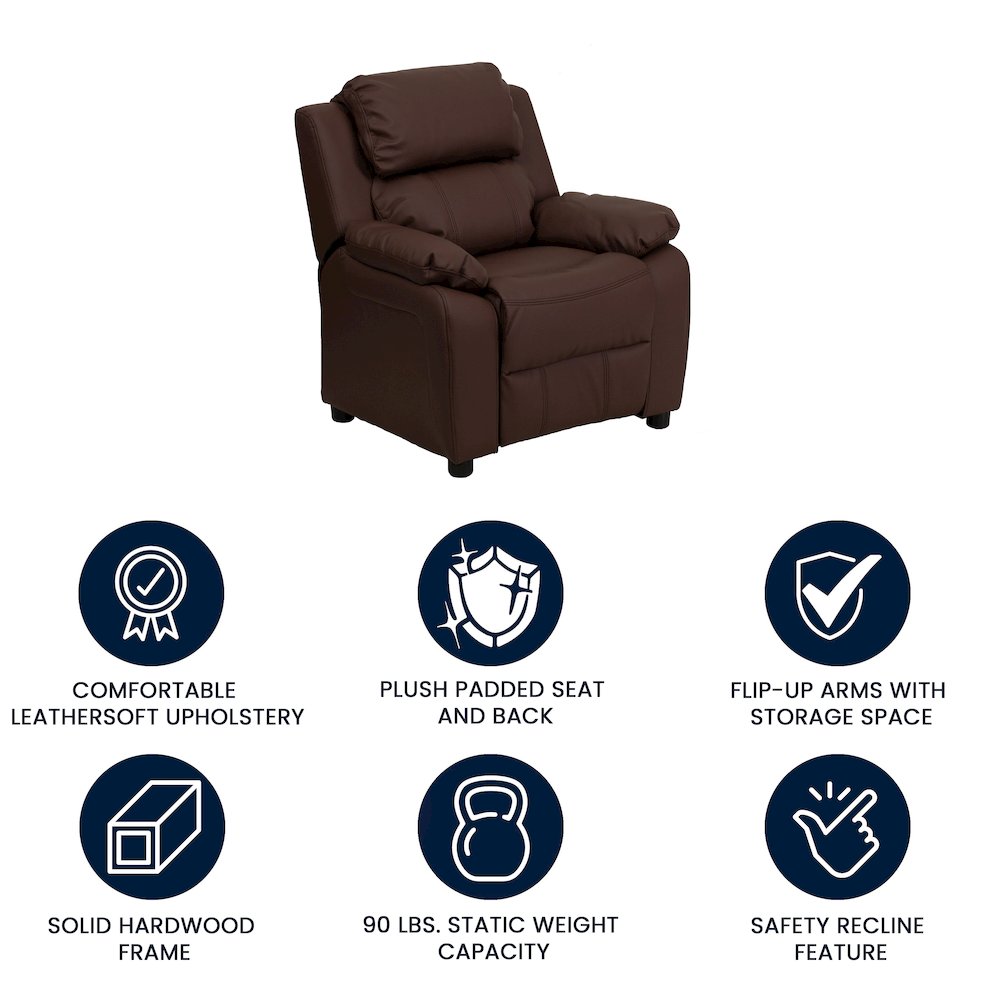 Deluxe Padded Contemporary Brown LeatherSoft Kids Recliner with Storage Arms