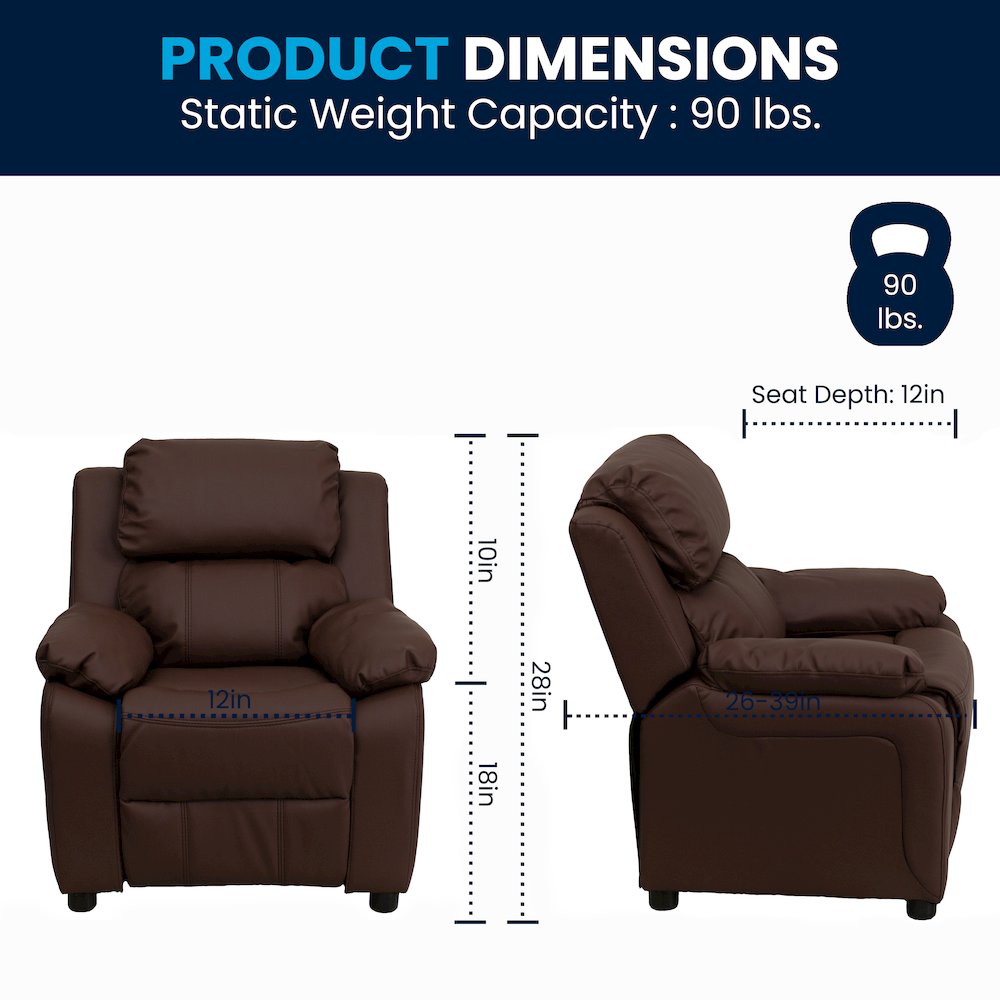 Deluxe Padded Contemporary Brown LeatherSoft Kids Recliner with Storage Arms