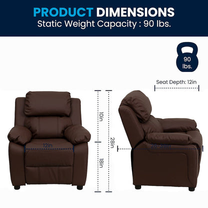 Deluxe Padded Contemporary Brown LeatherSoft Kids Recliner with Storage Arms